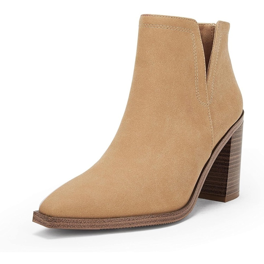 Chunky Block Stacked Mid Heel Ankle Boots Back Zipper Cut Out Pointed Toe Bootie